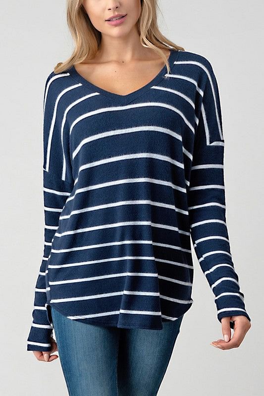 Soft, long sleeved navy tunic with white stripes