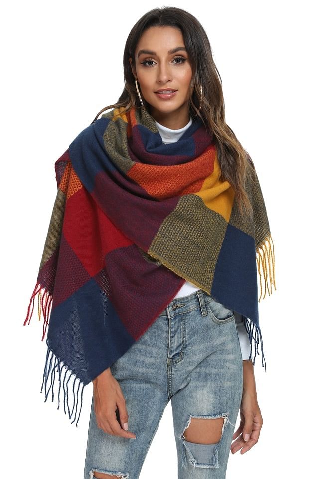 colourful blanket scarf with plum, copper, navy and mustard colours