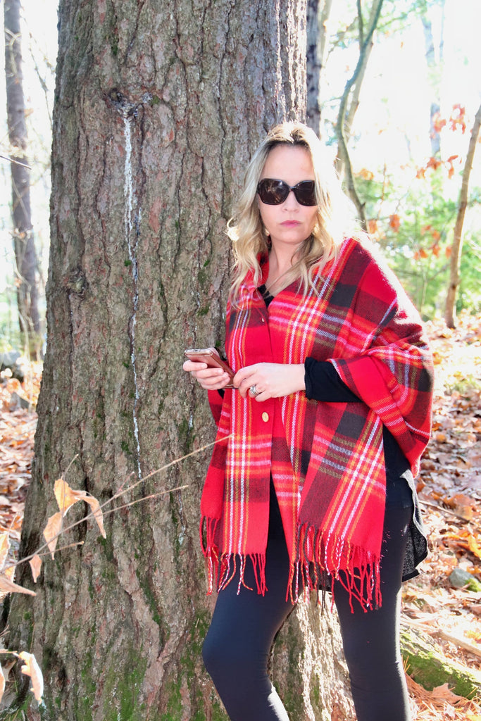 Red plaid blanket scarf that can be worn as a scarf or poncho