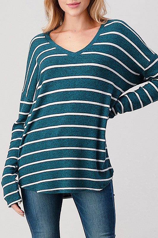 Soft, long sleeved teal coloured tunic with white stripes