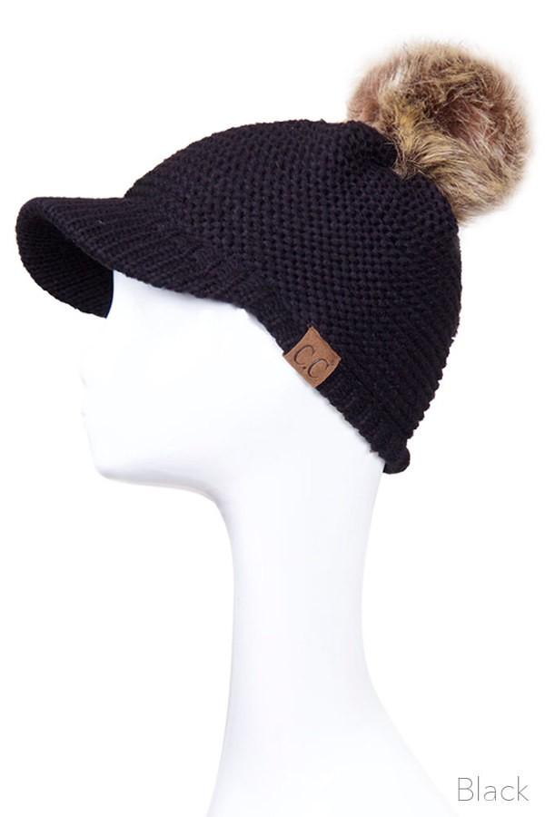 Black Hat with fur pom pom