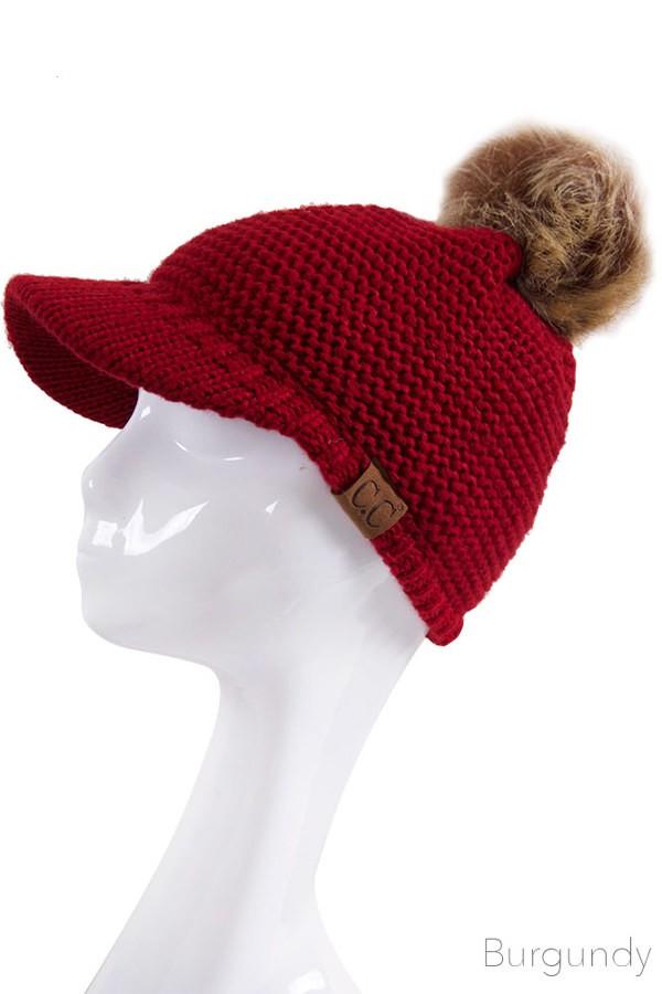 Burgundy Hat with fur pom pom