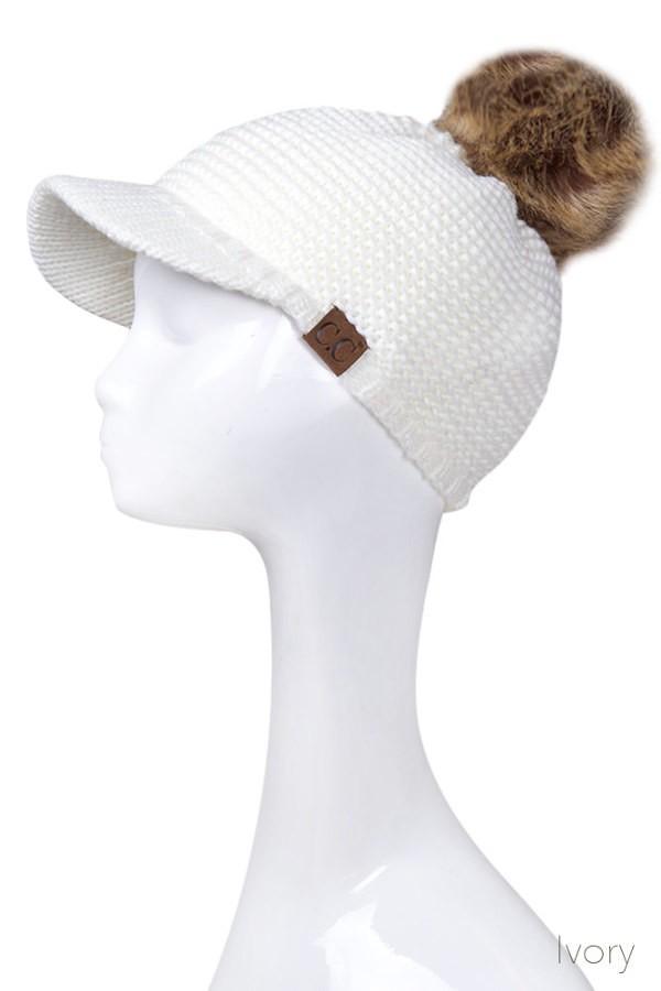 Ivory Hat with fur pom pom