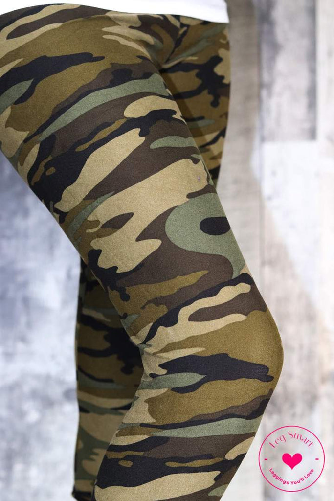 green camouflage capri leggings made with a buttery soft material