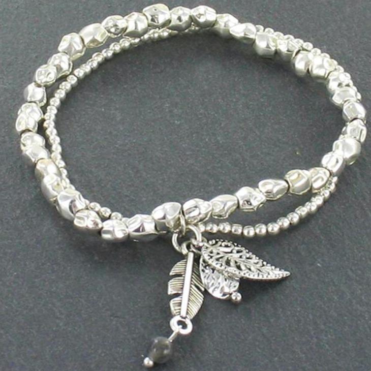 silver plate double strand bracelet with leaf charms